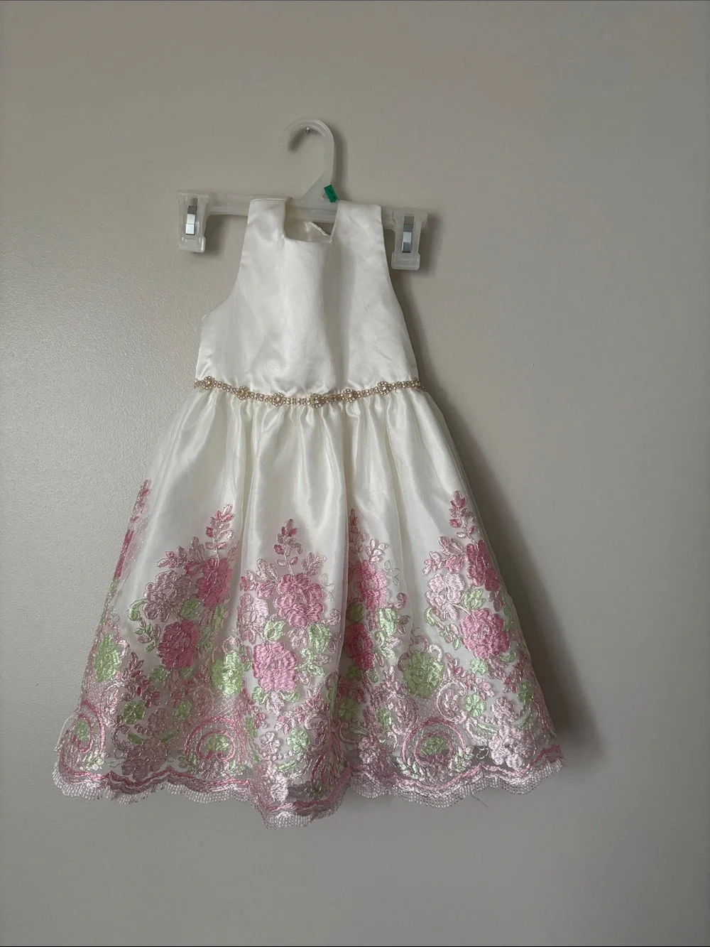 American Princess White Formal Dress with Pink & Green Floral Embroidery